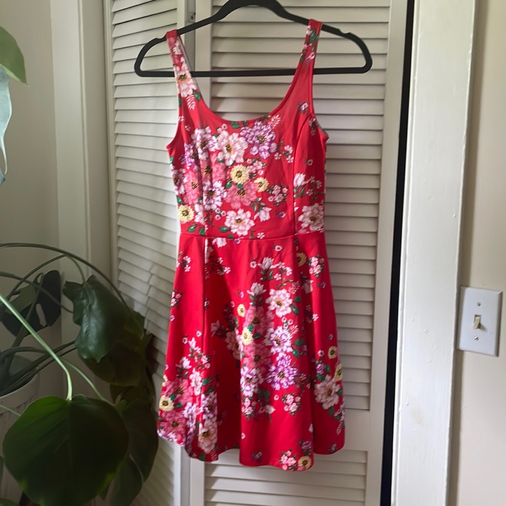 H&M Conscious, red floral, mini skater dress, size XS